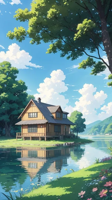 painting of a house and a boat in a lake with a tree, a digital rendering by Miyazaki, pixiv contest winner, fantastic realism, studio ghibli sky, anime countryside landscape, beautifull puffy clouds. anime, beautiful anime scene, house background, ghibli ...