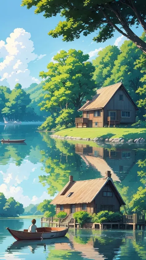 painting of a house and a boat in a lake with a tree, a digital rendering by Miyazaki, pixiv contest winner, fantastic realism, studio ghibli sky, anime countryside landscape, beautifull puffy clouds. anime, beautiful anime scene, house background, ghibli ...