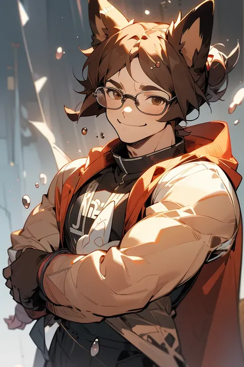 muscular, glasses, brown hair, glasses, smirk, school background, upper body, man bun, brown eyes, cowboy shot, dog human,dog tail, dog ears,