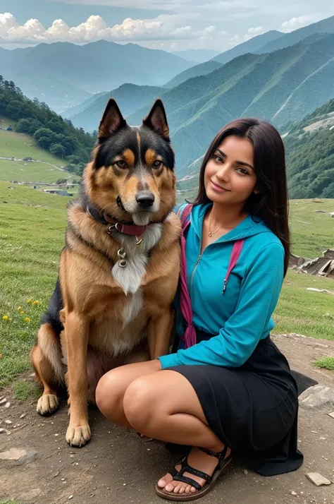 Can you create a real image type of a woman with a dog on hilly areas not showing their face 