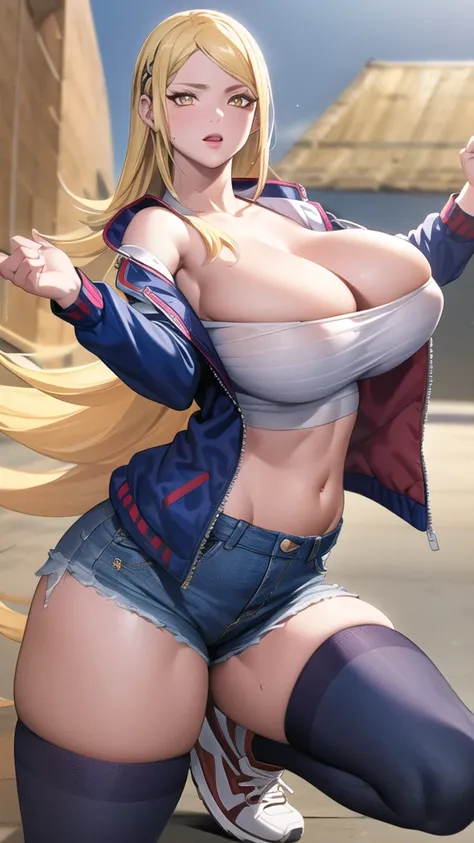 full body, (masterpiece), (best quality), ultra high res, ultra detailed, detailed eyes, intricate, 1girl, blond hair, looking at viewer, huge breasts, cleavage, collarbone, denim, denim shorts, jacket, long sleeves, ((open clothes)), open jacket, partiall...