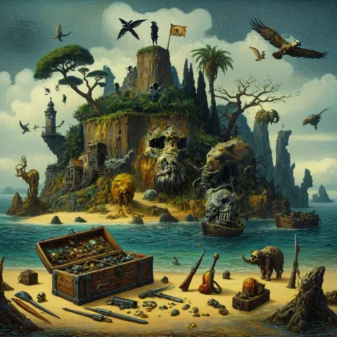 painting of a pirate island with a treasure chest and a skull, epic surrealism 8k oil painting, 4 k surrealism, surrealartista, ...