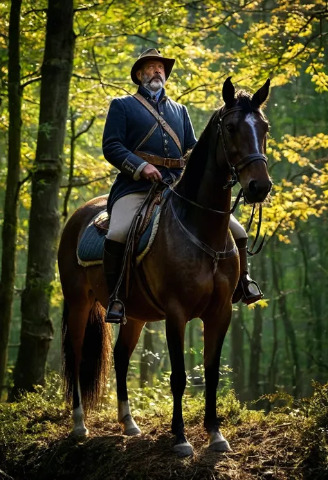 Lordly man in hunting garb atop a dapple drey horse, in the woods, dramatic lighting, full shot, posed, lordly, woods, hunting hounds