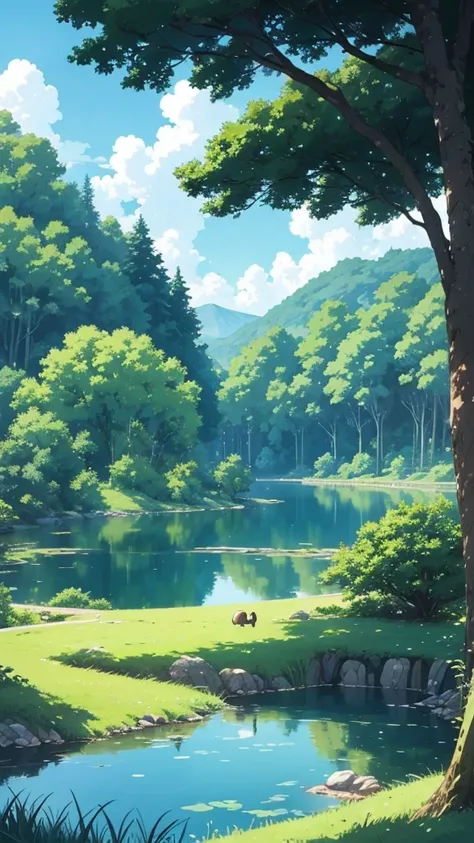 painting of a lake with a tree, a digital rendering by Miyazaki, pixiv contest winner, fantastic realism, studio ghibli sky, anime countryside landscape, beautifull puffy clouds. anime, beautiful anime scene, house background, ghibli vibe, studio ghibli ar...