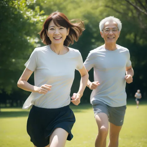 (Realistic),60-year-old Japanese woman and man，Running in the park，smile，(Highest quality), (masterpiece), (High resolution), original, Highly detailed 8K wallpapers, (Very delicate) ,