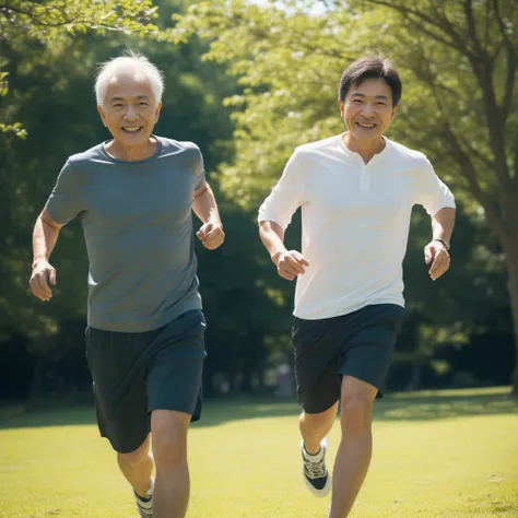 (Realistic),60-year-old Japanese woman and man，Running in the park，smile，(Highest quality), (masterpiece), (High resolution), original, Highly detailed 8K wallpapers, (Very delicate) ,