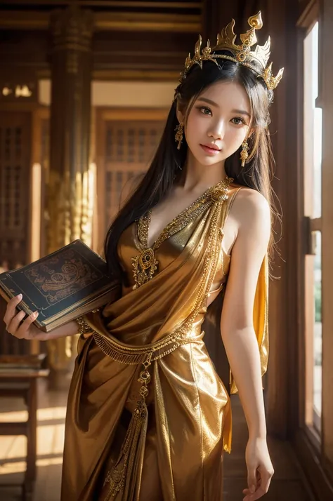 from Angkor wat Gate has a beautiful woman queen of Cambodian , award-winning photography, stands holding a book of leaves in a beautiful traditional a dress golden crown, with beautiful eyes, a beautiful smile, and the appearance of an ancient Khmer woman...