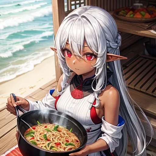 expensive、A slim, dark-skinned elf with long silver hair tied back.。
- Sharp red eyes、Always keep a calm expression。
Cooking yakisoba at the beach　There are bitter melon dishes