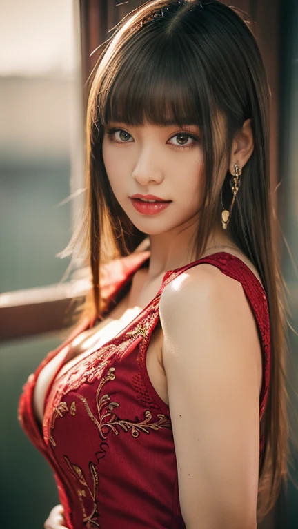 Best Images, (8k, RAW Photos, Realistic), A neat and beautiful Japanese woman, Rainbow light brown straight hair, big, Sparkling blue eyes, Long eyelashes, double eyelid, Half-open crimson alluring moist big thick lips, big Breasts, Side bust, Under the ch...