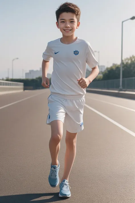 12-year-old boy,Smile，Spread your white and slender legs，jogging，full body，8K facial features are exquisite，Handsome boyish feeling，8k，masterpiece,((best quality)),photography,photograph
