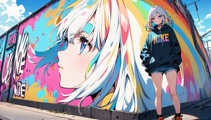 HD 8K Handsome sexy-cute, Solitary, 1 female, Medium Length Hair, white hair, Rainbow hair, blue Eyes, Rainbow headphone, hoodie, colored hoodie, denim shorts, sneakers logo to NIKE, Human focus, outdoor, blue sky, White clouds, graffiti spray art wall,