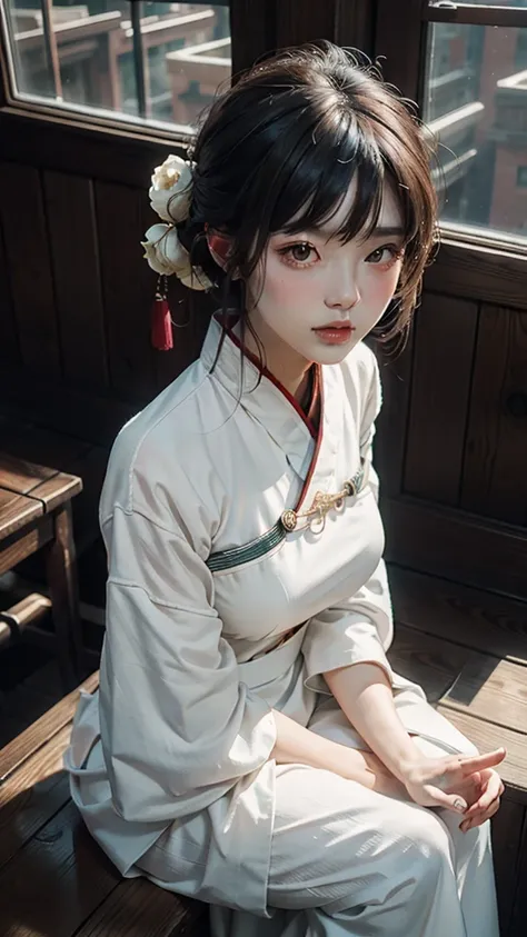 1girl, solo, white hanfu, at the wooden window, looking down, ancient chinese architecture, large breast out, (photorealistic:1.4), official art, unity 8k wallpaper, ultra detailed, beautiful and aesthetic, masterpiece,best quality, (dynamic angle:1.4), gl...