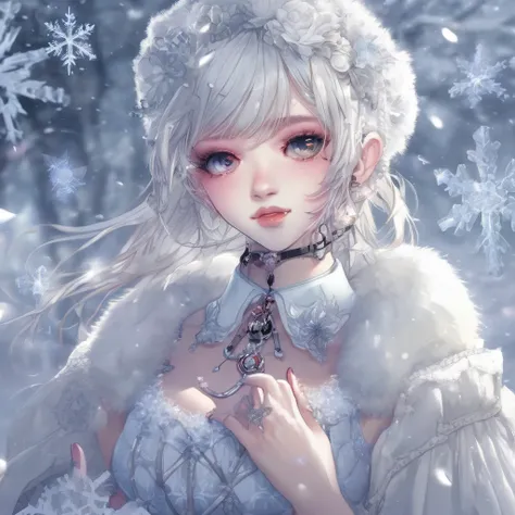 EAH, ice, tenure, crystal winter, wide, snowflakes, cross-laced shoes, white shoes, very wide, pistol, collar, tenure flower, 1 girl, teeth, dress, eyelashes, Upper part of the body