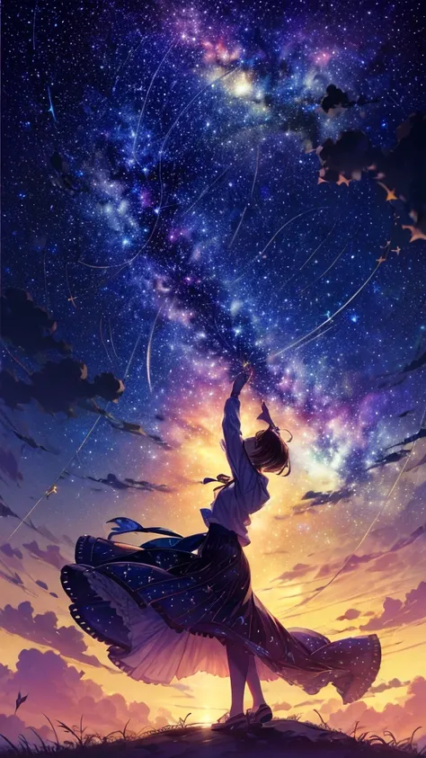 ((masterpiece))、((Highest quality))、((Realistic feel))、((Starry Sky:1.6))、Pitch Black、Moonlight shines、Immersion、Cool blue shade、１People Girls、Transparent silhouette、Looking up at the distant sky、Stretch out your arms、Get excited、Optical rotation、The sky i...