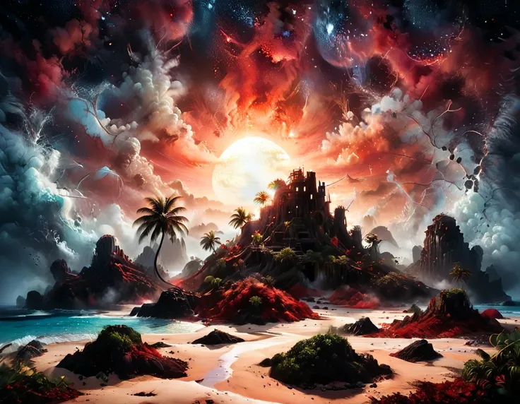 arafed, an oil painting of an island of mystery, an island of enigma, an island of secrecy, there some palm trees, white and red...