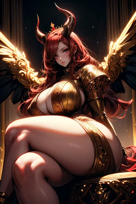 young intricate woman in royal palace, beautiful woman, long red hair, dark red hair, deep red hair, deep dark black eyes, wearing a  golden crown, white skinned, with red devil horns growing from her head, red bat like wings growing from her back, sitting...