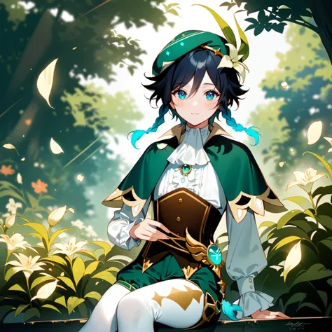 (best quality,4k,8k,highres,masterpiece:1.2),1boy,venti genshin impact,male focus,flat chest,ultra-detailed,realistic:.5,(dsmile:0.5),morning of spring,delicate light rays,rich color palette,elegant curves,effects of light and shadow,flower petals falling,...