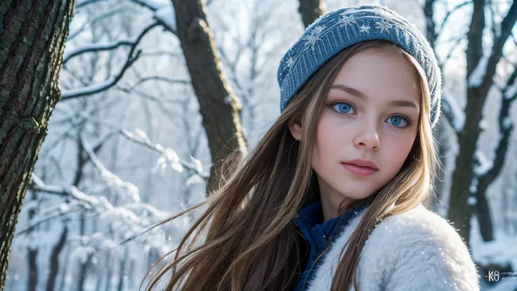 portrait, high quality, Ukrainian  fairy winter snow In the woods through the trees About 10 years old, Blue eyes, Smooth skin, ((Best quality, 8 k, masterpiece :1.3)), 1 girl, Beautiful girl , Casual outfit :1.2, In the woods, ultra detailed face, detaile...