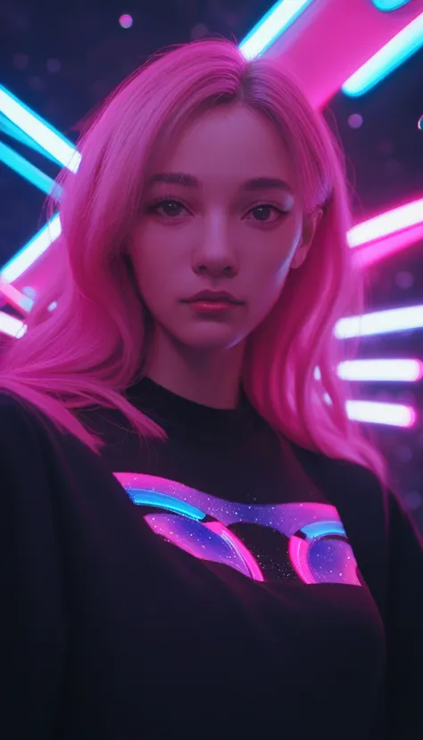 score_9_up, score_8_up, score_7_up, score_6_up, Woman with long pink hair, night, neon, UFO, , Galaxy Background, neon lights, Black clothes with LEDs, 4K  