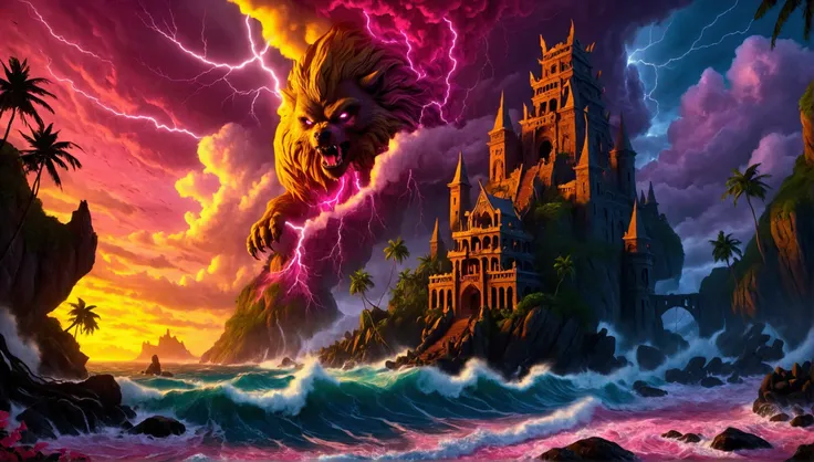 (mysterious eerie tropical island citadel with intricate architecture:1.2), rocks and crushing waves), (yellow-pink thunderstorm...