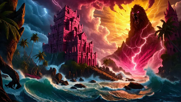 (mysterious eerie tropical island citadel with intricate architecture:1.2), rocks and crushing waves), (yellow-pink thunderstorm...