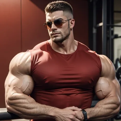 a very handsome man, Mid fade haircut, sunglasses, massively muscular, massively large muscles, massively large muscular and defined body, massively large and muscular arms, shoulders and biceps, a red shirt, leaning against the gym wall, seen from close