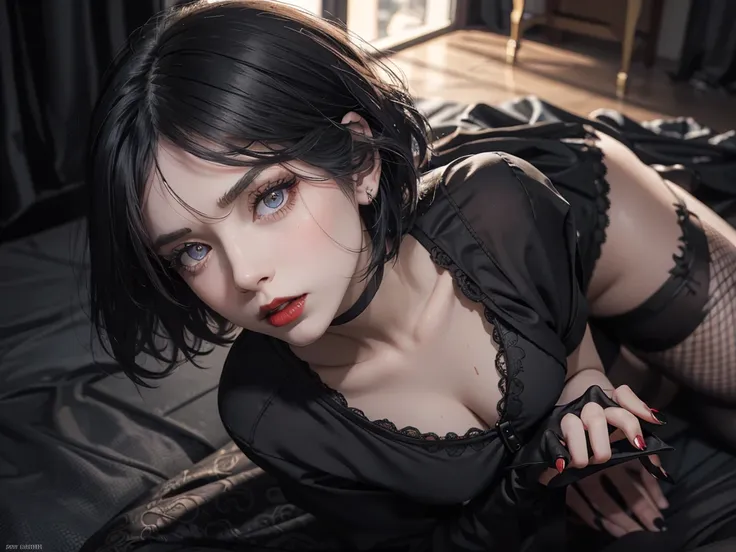 (best quality,highres),(realistic:1.37),dark,goth,woman, eyes,detailed face,black clothes,bobcut black hair,straight bangs,pale ...