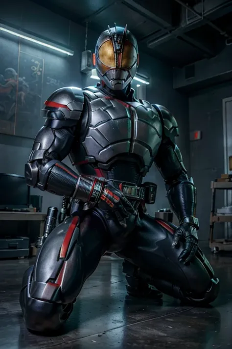 ((best quality)), ((masterpiece)), (detailed), Robocop armor, cool, young handsome young man, restrained by electric wire, regretful, defeat pose, kneeling