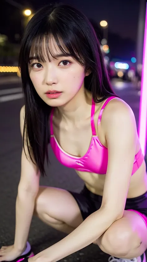 (on crowd night street, 1 girl, small breasts, Neon pink satin sports bra and shorts, sneakers, medium long hair, hair down, Spread legs, squatting:1.5), fair-skinned, glossy lips, skinny, body type, delicate and sexy clavicle, highest quality, RAW photo, ...