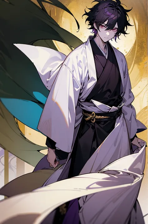 1male , black hair , gold eyes , messy hair , pale skin albino , white and black haori slightly short sleeves and long sleeves underneath , standing in forest background , facing viewer, somber expression ,Gojo Clothing , purple wrapped belt , lean build.