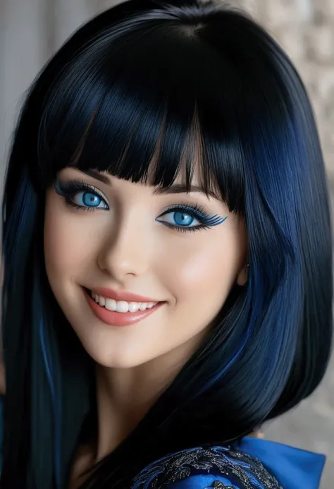 1girl, bellissima, black hair, blunt bangs, blue eyes, eyeliner, sexy smile