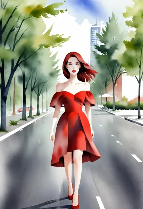 Watercolor illustration of a fair-skinned woman, wearing a short red dress with wide shoulders and off-the-shoulder sleeves, walking on a gray asphalt road. Ao fundo, a blurred image of trees or buildings.