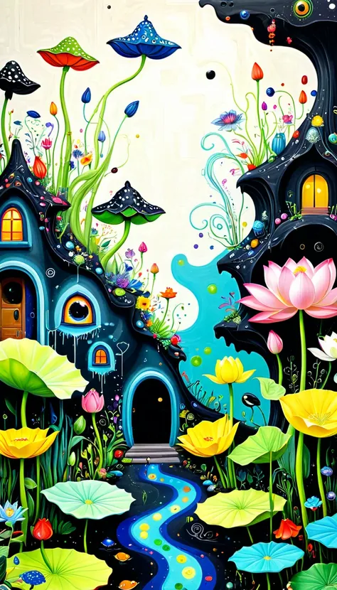 Childrens graffiti,Thick coating，Concave and convex texture，Oil pastel strokes：Colorful black，Dopamine color matching，Lotus Leaf，frog，Small tadpoles、house、flowesh、Tentacles、bird、(((Eye)))、diatom，Abstract mosaic painting，Describing the inner world of autist...