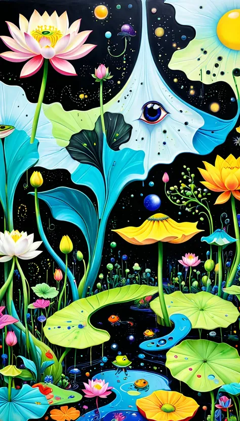 Childrens graffiti,Thick coating，Concave and convex texture，Oil pastel strokes：Colorful black，Dopamine color matching，Lotus Leaf，frog，Small tadpoles、house、flowesh、Tentacles、bird、(((Eye)))、diatom，Abstract mosaic painting，Describing the inner world of autist...