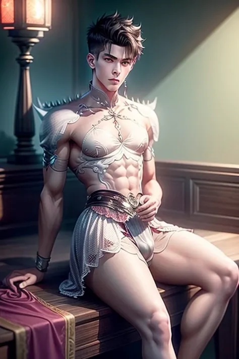 A shaved young man having long legs, thick thighs, large wide hips, thin and narrow weist, big large feminine breasts, large male reproductive organs, very small spikey boyish haircut, dress, Chinese donghua, , interior,hot man,hot male 