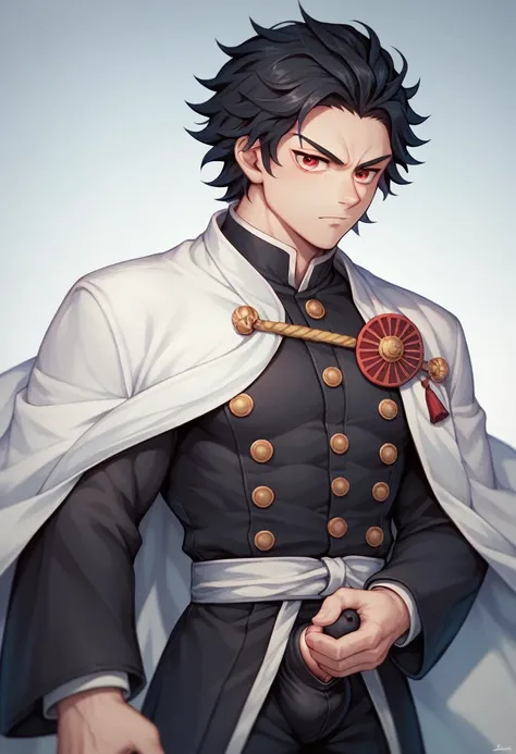 (masterpiece, best quality:1.2), solo, male focus, 1boy, male demon slayer, red eyes, incrsunsheathingakatanameme, sheath, holding sheath, medium length black hair, demon slayer uniform, black jacket, long sleeves, white cape