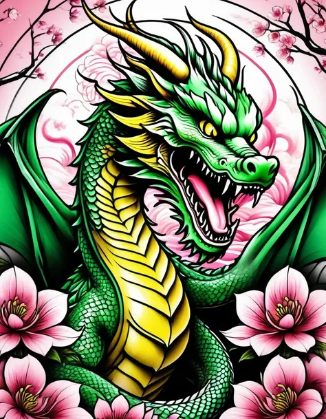 Traditional Japanese tattoo design, realistic tattoo art of green Chinese dragon with (((yellow eyes))) with pink sakura petal effect ,he is with open mouth looking very fierce and angry, the background is Japanese wave tattoo, (Unity 16K Wallpaper, master...