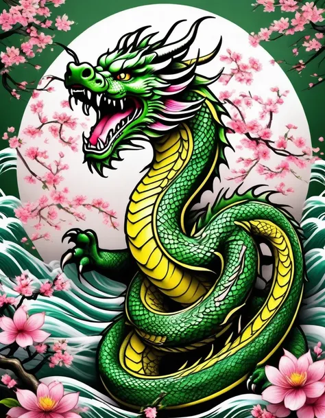 Traditional Japanese tattoo design, realistic tattoo art of green Chinese dragon with (((yellow eyes))) with pink sakura petal effect ,he is with open mouth looking very fierce and angry, the background is Japanese wave tattoo, (Unity 16K Wallpaper, master...