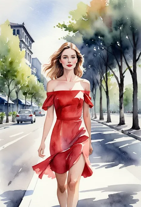 Watercolor illustration of a fair-skinned woman, wearing a short red dress with wide shoulders and off-the-shoulder sleeves, walking on a gray asphalt road. Ao fundo, a blurred image of trees or buildings.