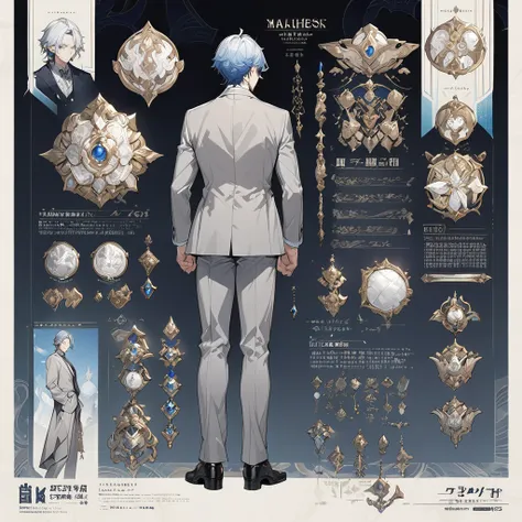 grey suit、blue hair、((masterpiece, highest quality)), male, maleの子, detailed face, character design sheet， full body, full of de...