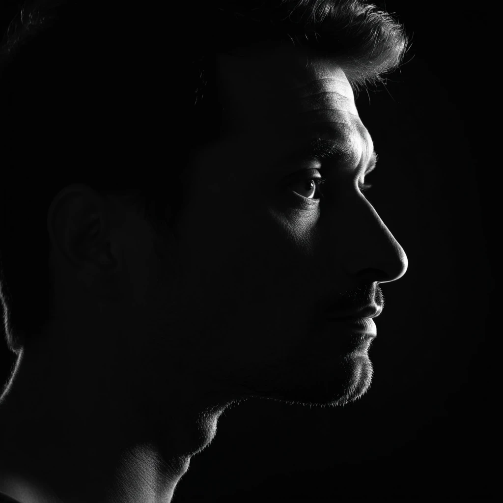 Man thinking silhouette, close up professional photograph, 