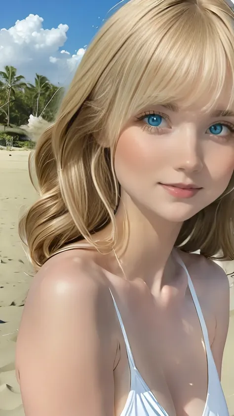 (masterpiece:1.2), (highest quality:1.2),, Curvy but slender body, perfect eyes, perfect face, perfect lighting, 2 girls, ，on the beach，（standing position），（white one piece swimsuit），（whole bodyのフルショット），（short hair），（smile），curly hair, fine clothes, detail...