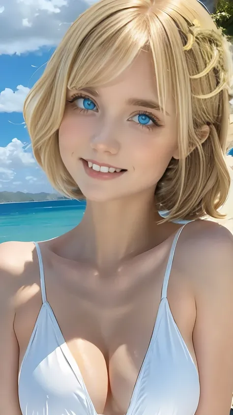 (masterpiece:1.2), (highest quality:1.2),, Curvy but slender body, perfect eyes, perfect face, perfect lighting, 2 girls, ，on the beach，（standing position），（white one piece swimsuit），（whole bodyのフルショット），（short hair），（smile），curly hair, fine clothes, detail...