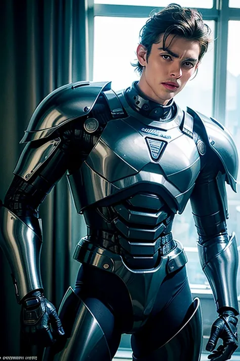 ((best quality)), ((masterpiece)), (detailed)Slut, Slut, Robocop armor, cool, young handsome young man, restrained by electric wire, frustrated, defeated pose