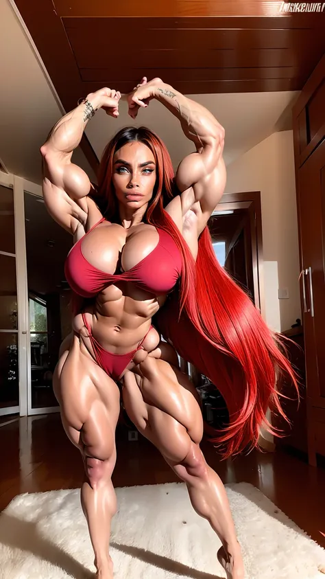 (beautiful girl:1.25), (megan fox:1.25), (large fake breasts:1.25), (young naked bodybuilder girl:1.25), (huge muscular arms:1.25), seductive face, mouth wide open carnage style, long red hair, perfect muscular body, super skinny legs, sissy, femboy, (full...