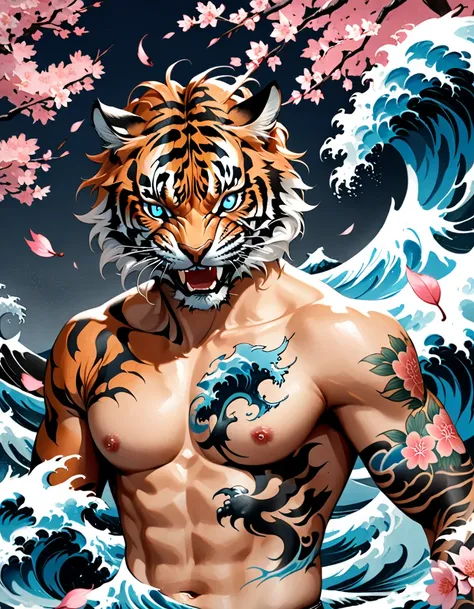 traditional japanese tattoo design, realistic tattoo art of orange tiger with (((blue eyes))) with pink sakura petal effect ,he ...