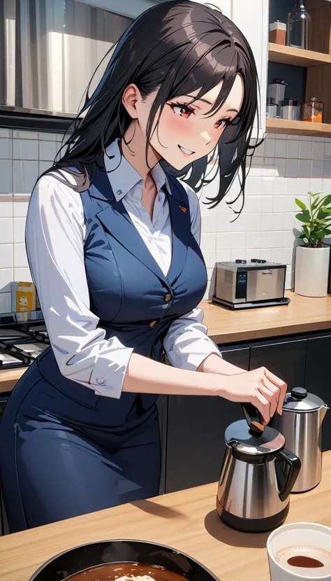 A woman who has undergone,office worker,White shirt with blue vest,Narrow skirt,Mature Woman,（Black Hair）,A kind smile,（Have a coffee kettle),Company kitchen,Detailed Background,modern, Verism, masterpiece, textured skin, super detail, best quality, 4K