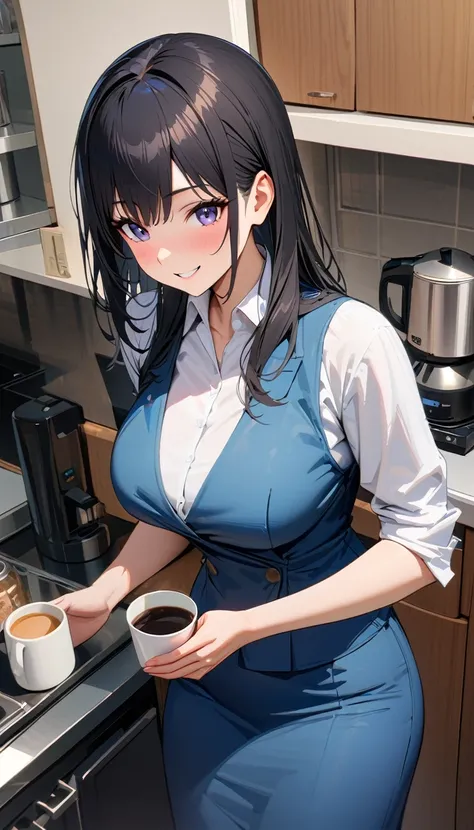 A woman who has undergone,office worker,White shirt with blue vest,Narrow skirt,Mature Woman,（Black Hair）,A kind smile,（Have a coffee kettle),Company kitchen,Detailed Background,modern, Verism, masterpiece, textured skin, super detail, best quality, 4K