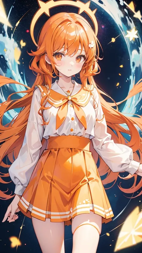 Magical girl　Orange wavy hair　Orange and white costume　mini skirt　Great style　Adult sister　A relaxed expression　universe space