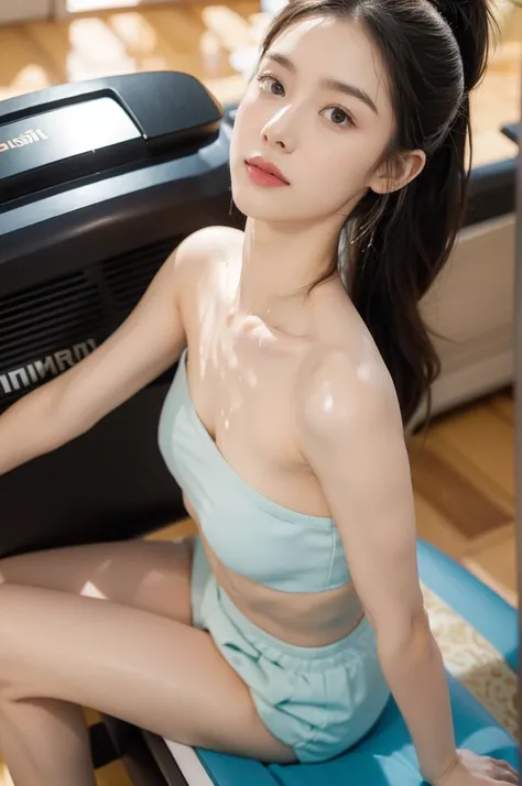 (((best quality))),(((ultra detailed))),(((masterpiece))),illustration,(1 beautiful girl,solo),((slim,thin)),((small breasts,flat chest)),(blush:1.5),summer afternoon,living room,sanctuary of tranquility,fitness,grace,(short ponytail:1.2),effortless elegan...